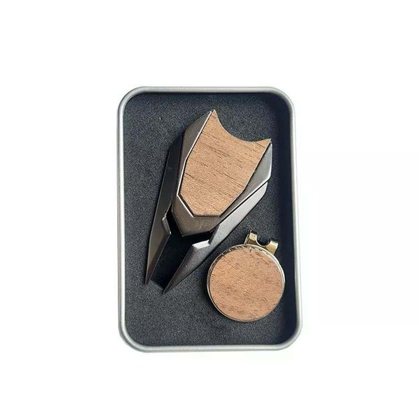 Golf Divot Tool and Hat Clip with Wooden Ball Markers