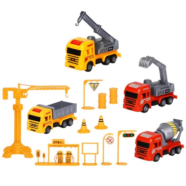 14 Piece - Excavator Vehicle Hook Machine Mixing Car Model Toy Set - Orange