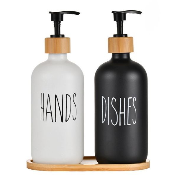 Bestby - 2x500ml Glass Hand &amp; Dish Soap Dispenser Bottles with Bamboo Tray
