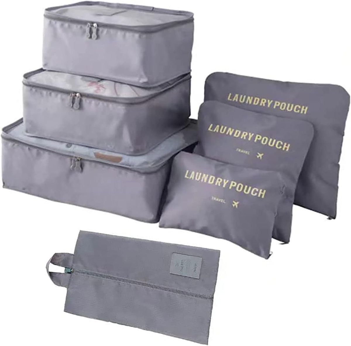 7-Piece Travel Storage Bag Set for Clothes Tidy Organizer Luggage - Grey
