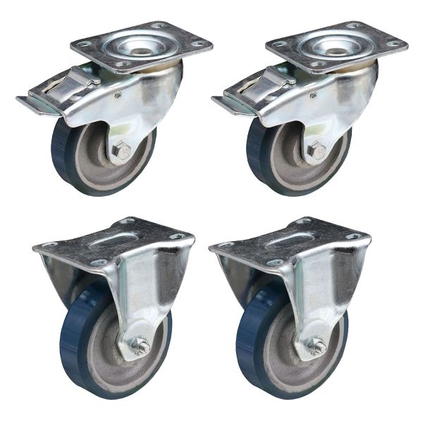 Polyurethane on Cast Iron Wheel Swivel Brake Plate + Fixed Castors 100mm