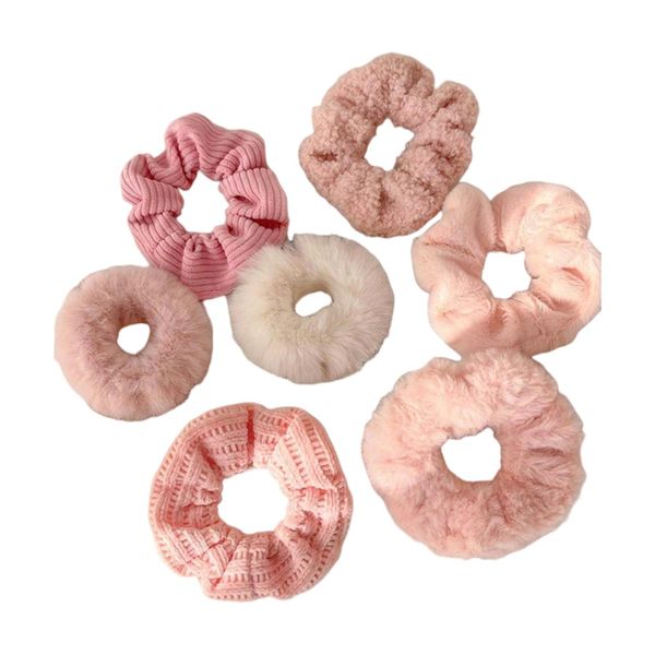 Premium Plush Elastic Hair Ties Scrunchies - Pink/White - 7 Pack