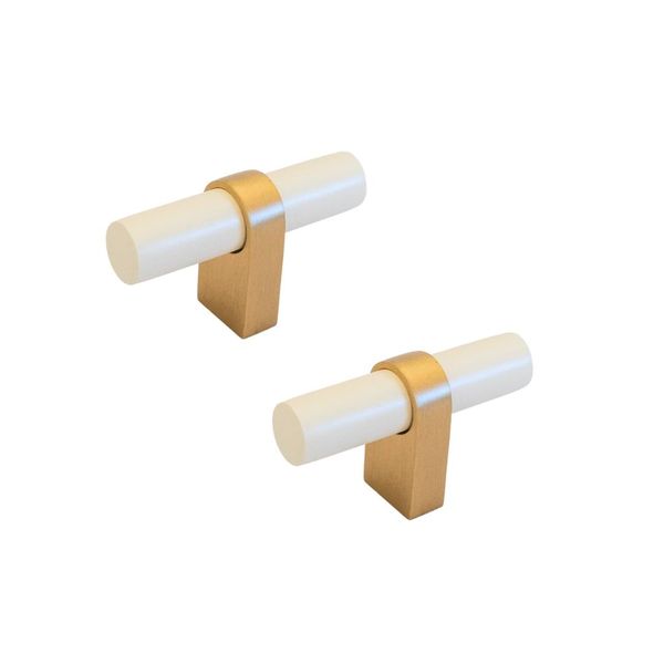 Beechwood and Brass T Shape Doorknob Fitting - Set of 2