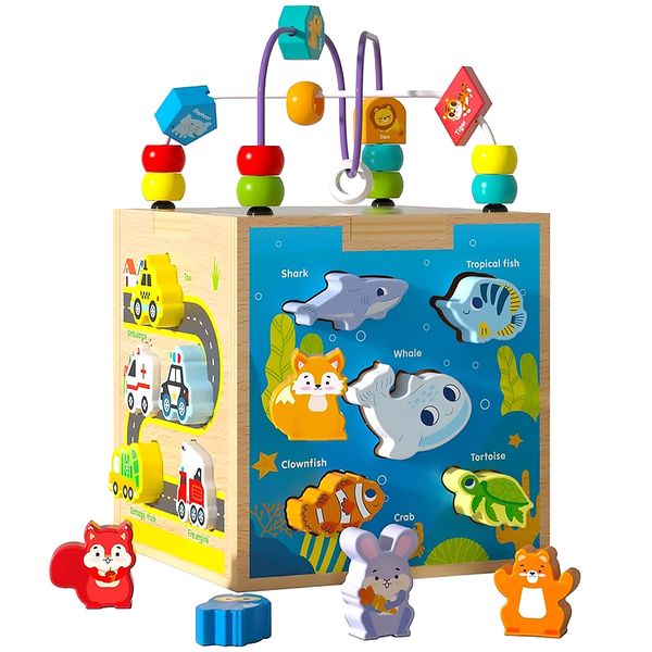 Wooden Children Toys Montessori Activity Cube with Shape Sorter Bead Maze