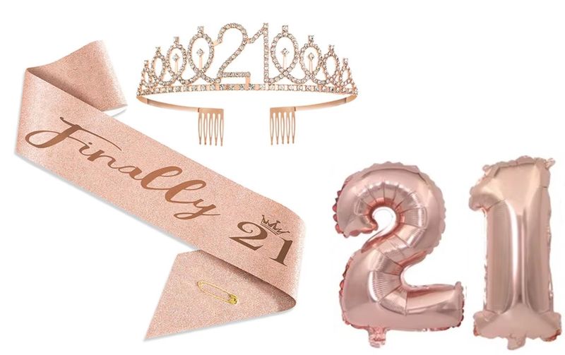 21st Birthday Tiara, Sash and Number Balloons - Rose Gold