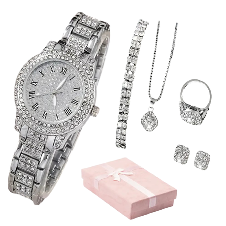 Women Gifting set Wrist Watch with Jewellery Earing Necklace Ring Bracelet Image