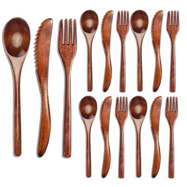 15 Pcs Wooden Spoon Fork Knife Cutlery Set Wooden Dinner Utensil Set Kitche