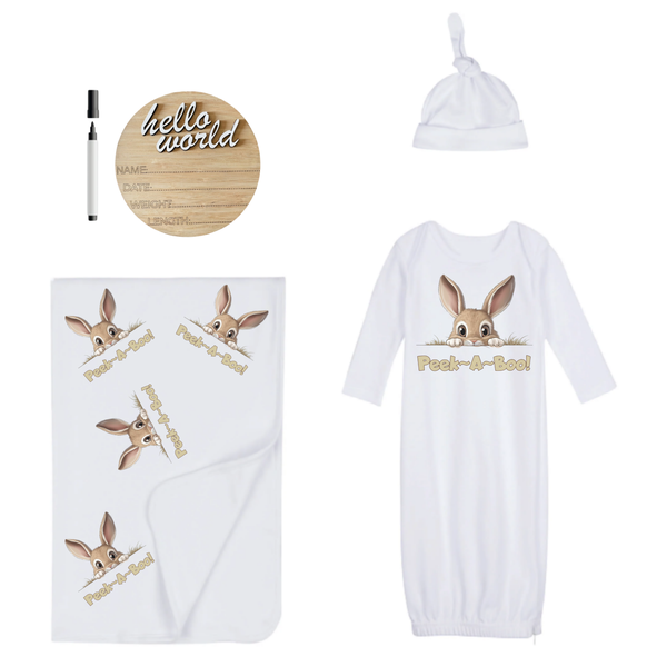 New Born-Sleeping Bag, Swaddle, Hat &amp; Birth Announc-Hello World-Peek-A-Boo