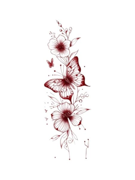 1 Piece - Elegant Red Floral &amp; Butterfly Temporary Tattoo - Red