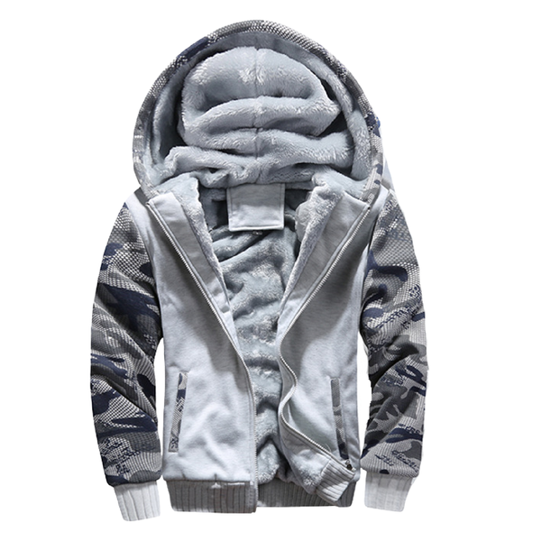 Men's Hooded Winter Jacket - Camouflage Sleeves - Light Grey