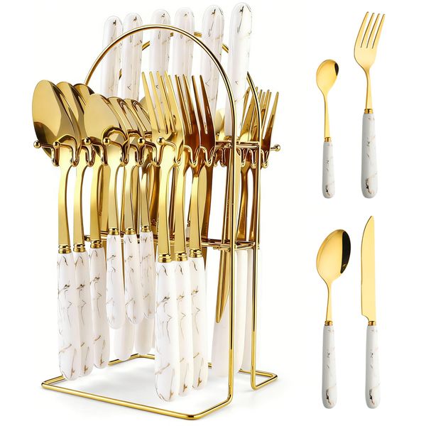 25 PCS Cutlery Utensil Sets Kitchen Flatware Set With Stand,Forks,Knives