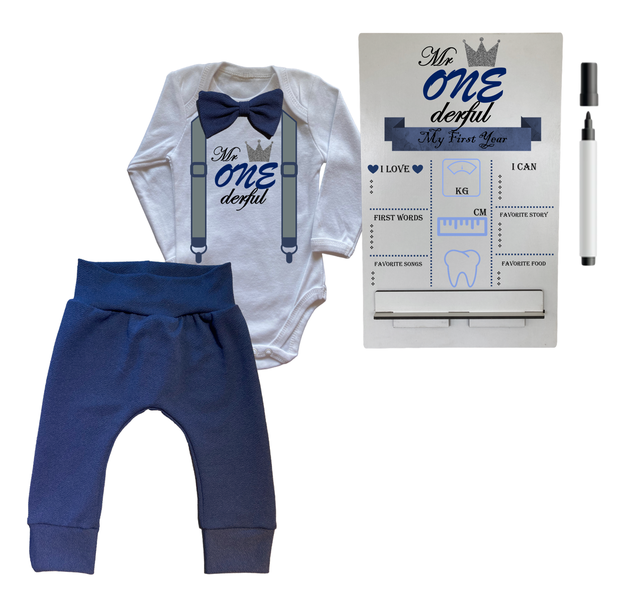 First Birthday Outfit-Long Sleeve &amp; Milestone sign-Mr ONE