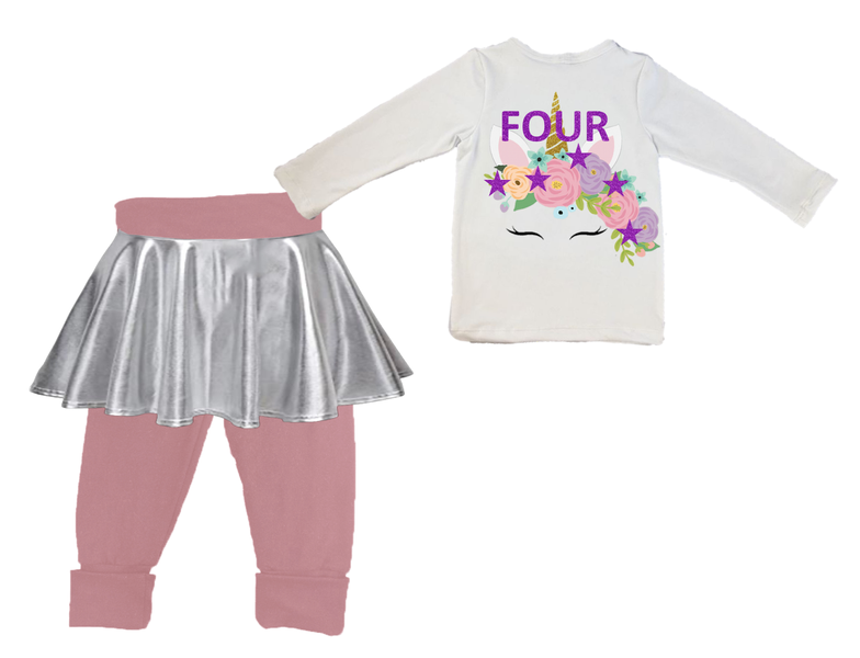 Fourth Birthday-Long sl foldover pants with built in skirt-Unicorn glitter