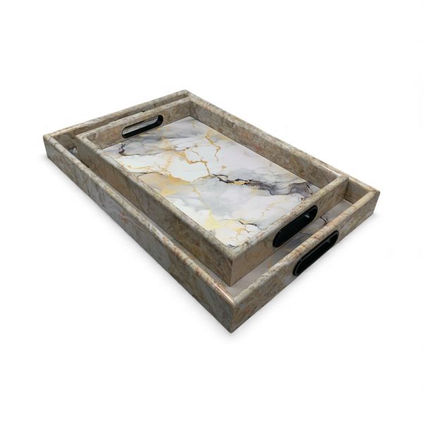 2-Piece Rectangular Tray Set Marble Design White &amp; Beige