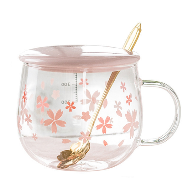 400Ml Creative Sakura Glass Coffee Water Cup with Handle Lid Spoon B