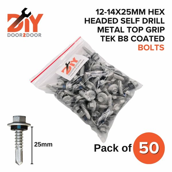 50Pcs 12-14x25 Hex Headed Self Drill Metal Top Grip Tek Screws