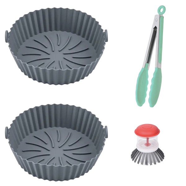 2 Pack 20cm Silicone Air-Fryer Liner with Silicone Tongs and Soap Scrubber