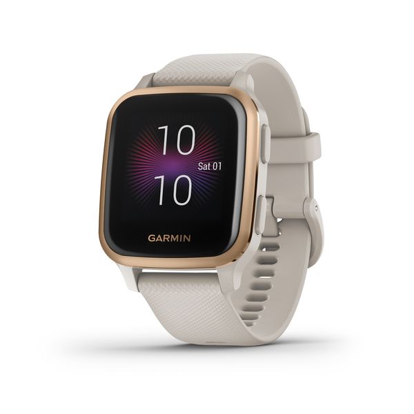 Garmin Venu Sq Music Edition - Rose Gold Bezel with Light Sand Case and Silicone Band