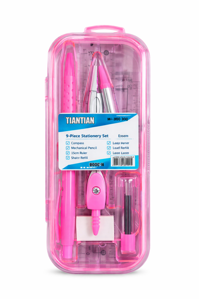 TIANTIAN Pink 9-Piece Geometry &amp; Stationery Set with Clear Case-6 x Cases