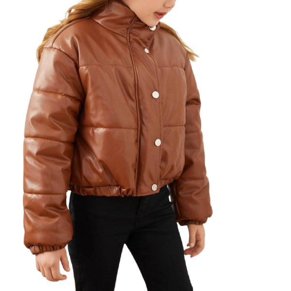 Girls Brown Zipper and Placket PU Regular Puffer Jacket