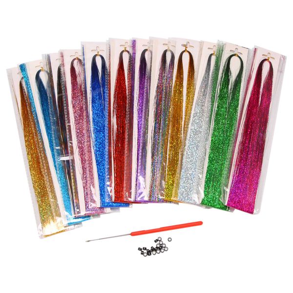 Hair Tinsel Strands Kit Extensions for Girls with Tools (12 Colors)