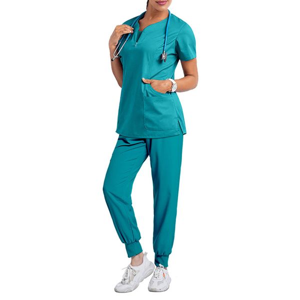 Scrubs Set Nurse Uniform Set with V-Neck Multi Pocket Shirts and Slim Pants