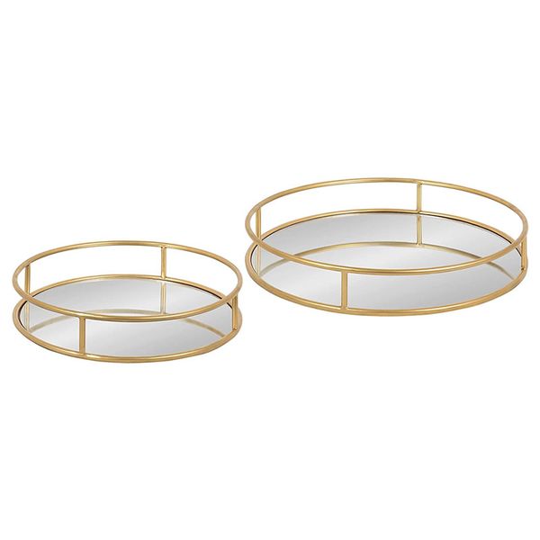 Set of 2 Indoor Decorative Nesting Mirror Trays with Gold Finish