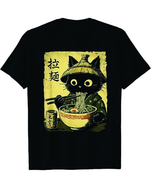 Qtees Africa - Retro Japanese Cat Eating Ramen Noodles Parody Black T-Shirt
