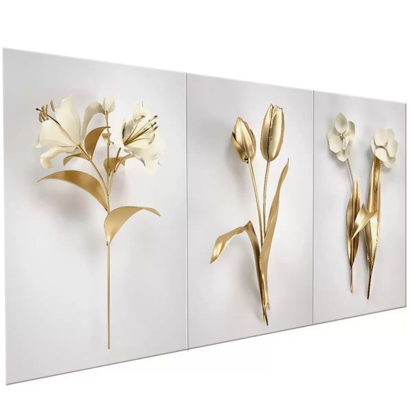 White, Gold Cotton Canvas cm Floral Wall Art