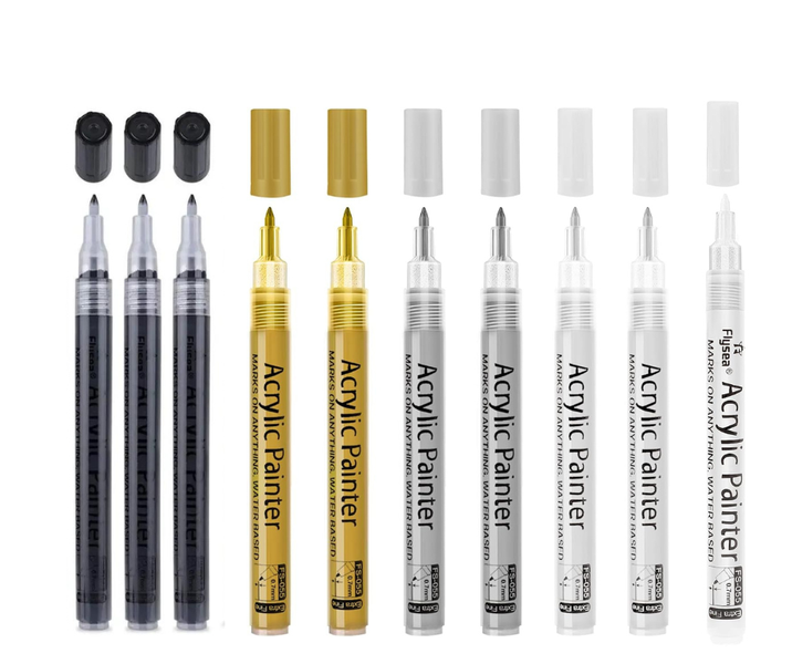 10 Acrylic Permanent Marker Pens Black-White-Silver-Gold Art&amp;Crafts Paint