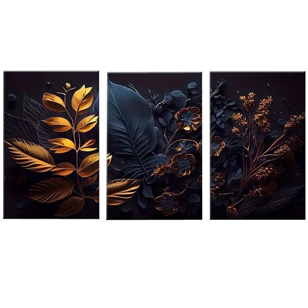 Canvas-Art-3 Pieces Black &amp; Gold Flowers Nordic Modern Floral Wall Art