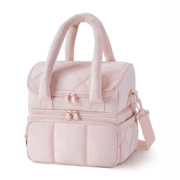 Pink Double-Layer Lunch Bag - Waterproof, Insulated, with Multiple Zippers