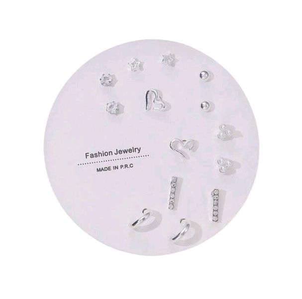 Silver-Color Heart, Pearl and Rhinestone Stud Earrings Set - 7-Pair