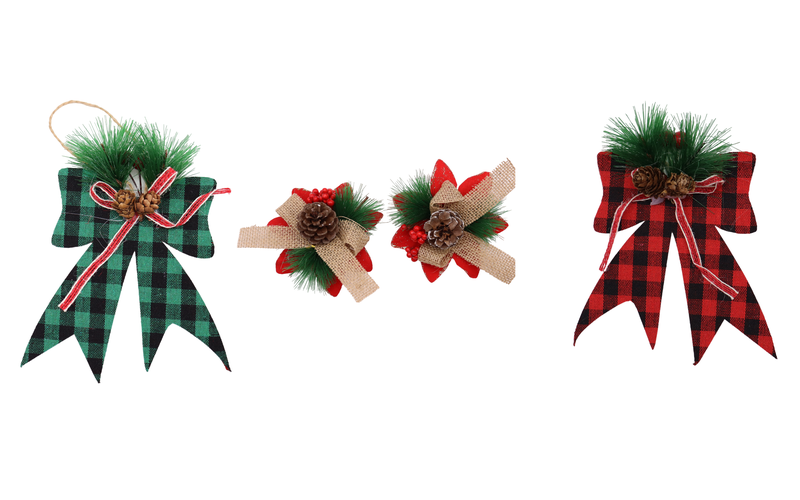 Set 4/Christmas Tree Decorations Pine Cones/Green &amp; Red Checkered Bow