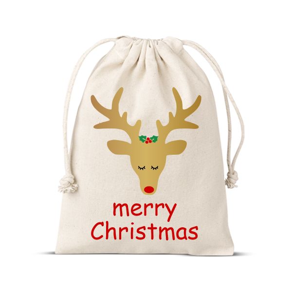 Merry Christmas Reindeer Large Gifting Drawstring Bag Santa Sack - 50x35cm