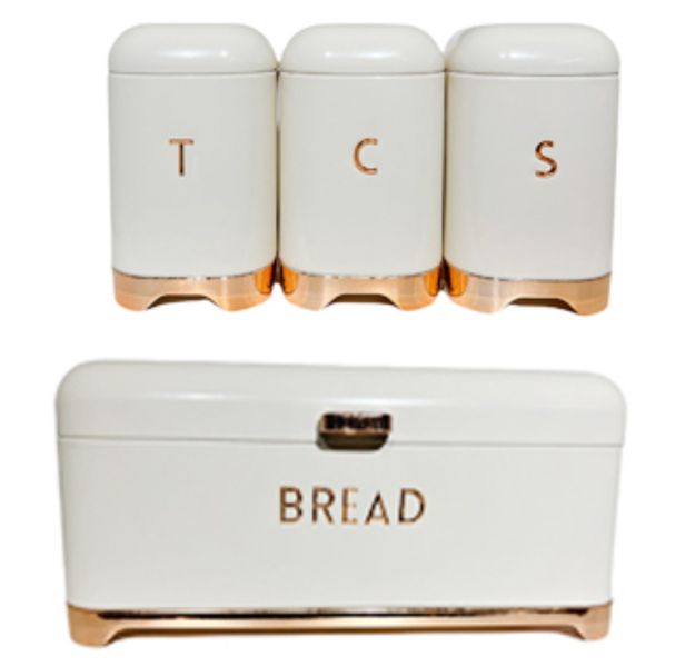Continental Homeware Cream Bread Bin with Rose Gold Base &amp; 3 Pieces Canisters