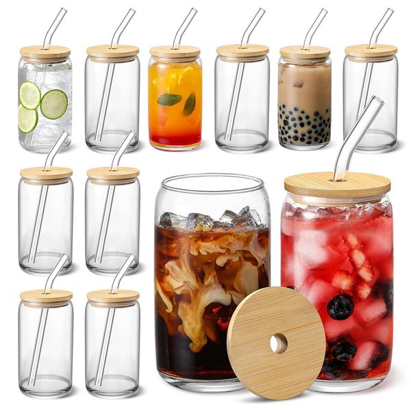 12-Pack Glass Cups with Bamboo Lids and Glass Straw - 500ml Glass Cups