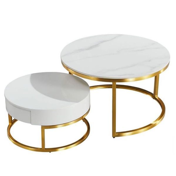 Set of 2 Rounded Marble Coffee Table with Drawer