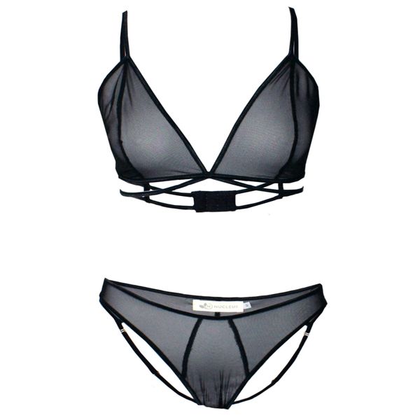 Nucleus Vamp Mesh Bra and Open Back Pantie Set in Black