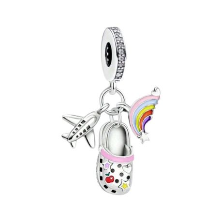 925 Sterling Silver Shoe Charm With Airplane & Rainbow - Multi-Colour Image