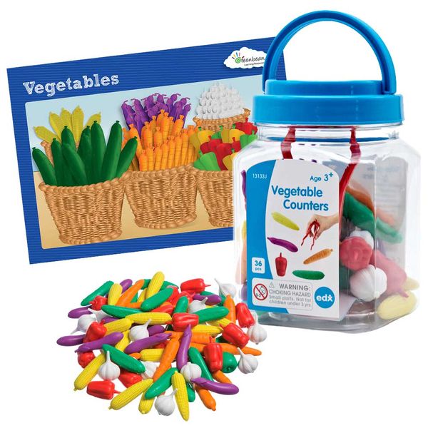 EDX Education Multi-Coloured Vegetable Counters, Activity Cards &amp; Tweezers Set