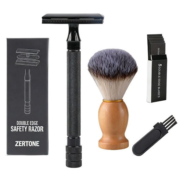 Safety Razor Shaving Kit with Brush, 5 Blades &amp; Cleaning Brush - Black