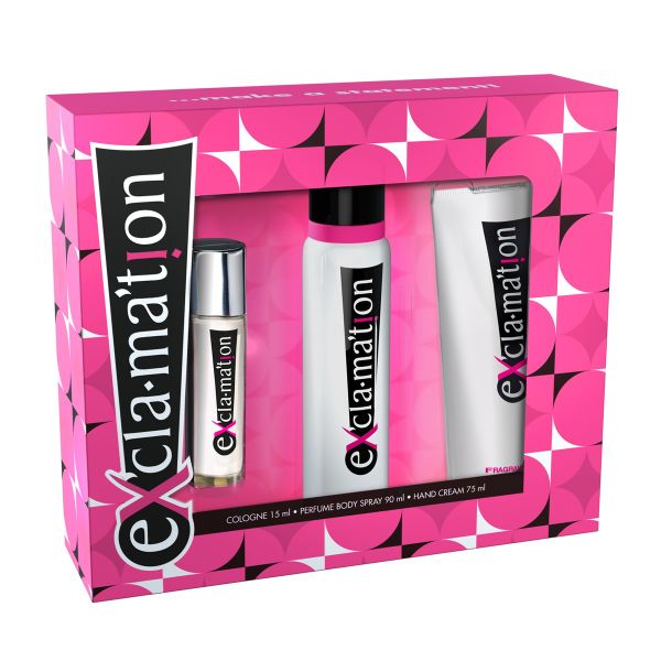 Exclamation Cologne Spray 15ml, Perfume Body Spray 90ml, Hand Cream 75ml