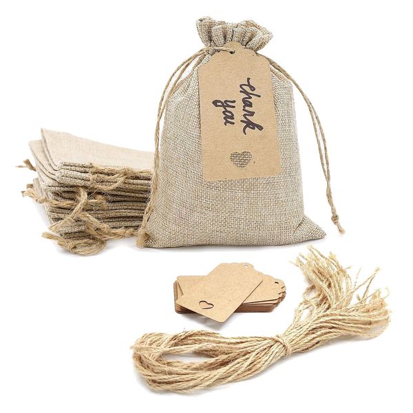 Craft DIY Linen Burlap Gift Bags With Packing Hang Tags&amp;Hemp Rope Set of 51