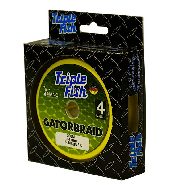 Triple Fish GATOR BRAID X4 Braided Fishing Line 15.25KG/33LB .14MM, Colour Yellow, 300M Spool
