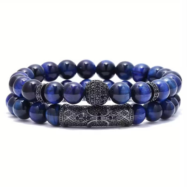 2-Piece Namibian Tiger Eye Stone Beaded Bracelet - Blue