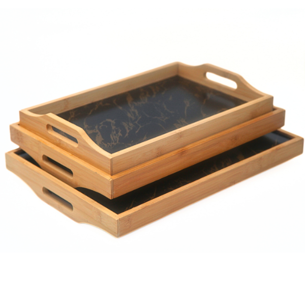 Elegance Marble-Inlay Wooden Tray - Set of 3