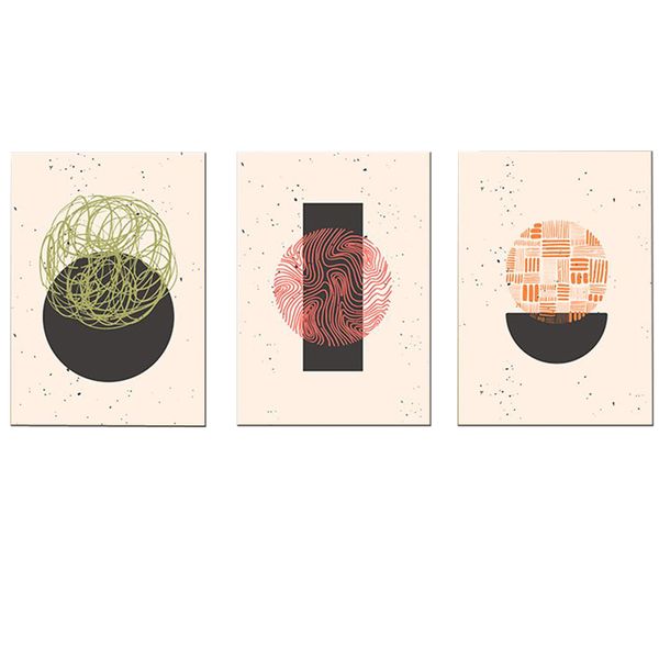 Canvas-Art-3 Pieces Green, Red &amp; Orange Bohomian Geometric Circles Wall Art