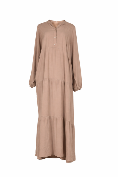 Stone Tiered Button-Front Modest Maxi Dress with Long Sleeves Abaya Style
