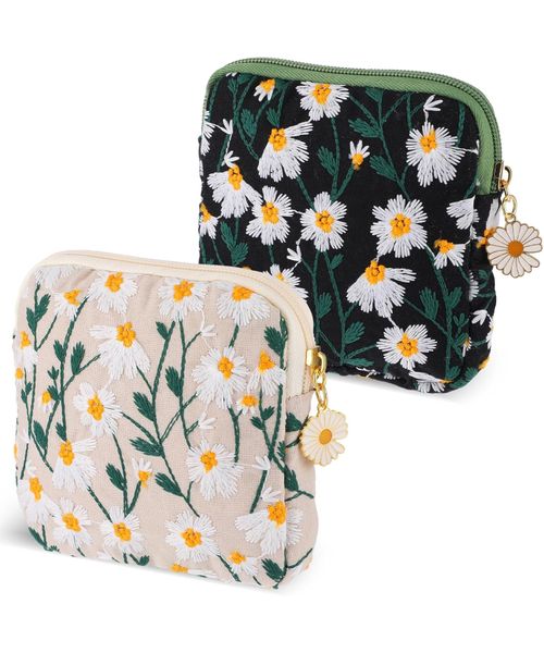 2 Pcs Sanitary Napkin Storage Bag Embroidery Daisies Bag for Women Girl